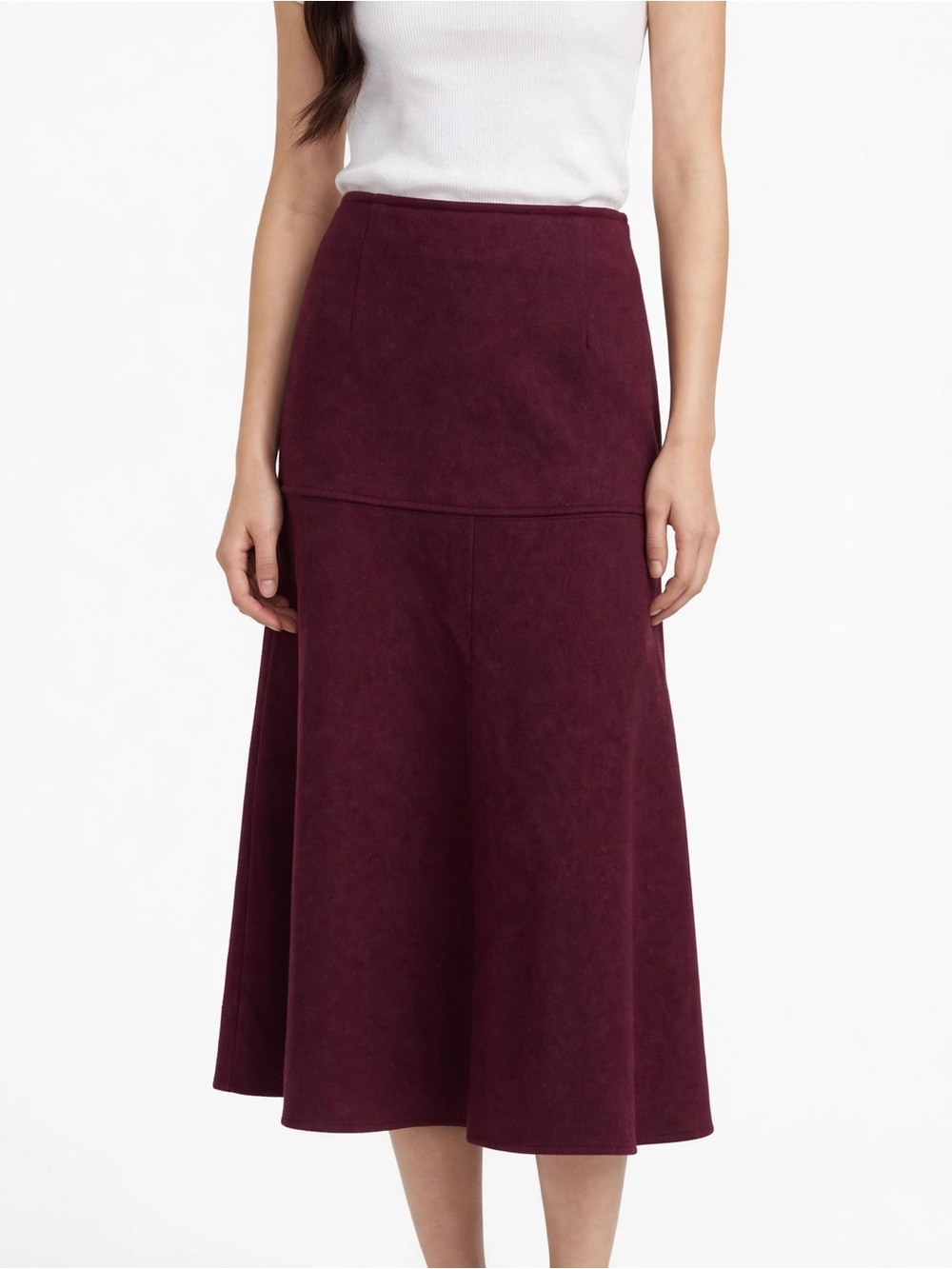 OGL S Burgundy Flare Midi Skirt Stretch Pull On Minimalist Office Chic